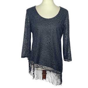 Melissa Page Shirt Womens Medium Black‎ Crochet Scoop Neck Fringe Asymmetrical